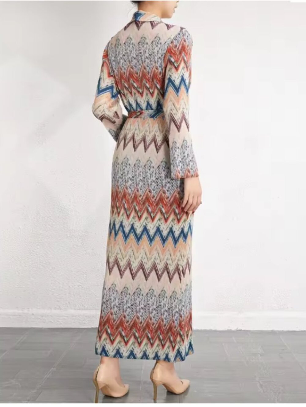 Multi-Color Boho Chevron Pleated Trench Duster Jacket with Belt - One Size - Picture 11 of 15